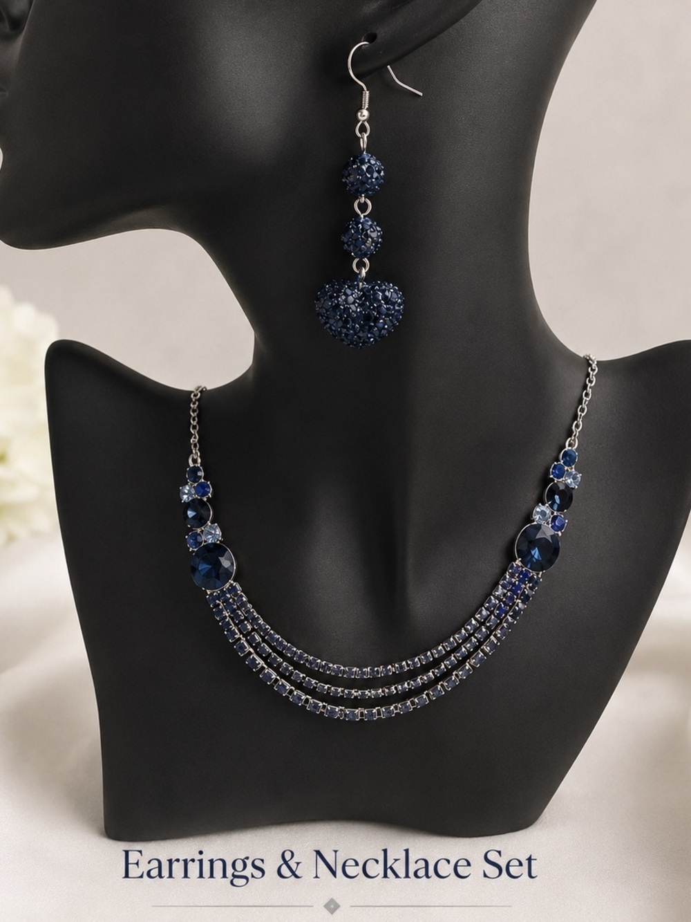 2pc set Blue Crystal Heart Drop Earrings and Layered Necklace Set